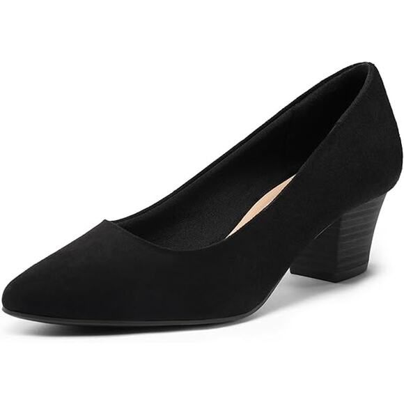 Mysoft Womens 8 Black Faux Suede 2" Chunky Heel Pointy Toe Slide On Pump Shoes - Picture 1 of 6